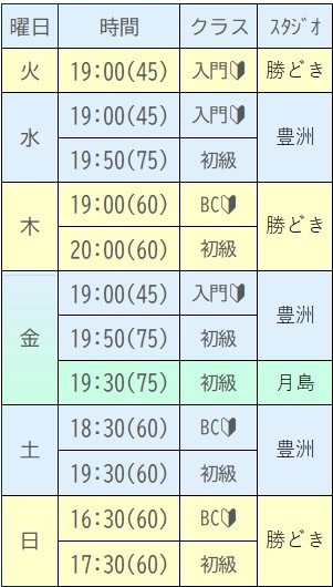 豊洲大人バレエ週間クラス時間割